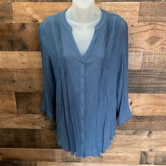 St John’s Bay Blouse Top Button Down V-neck Tunic Blue Crinkle Fabric Medium - Picture 9 of 9